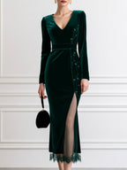 Velvet V-Neck Long Sleeve Midi Dress With Lace Hem Slit