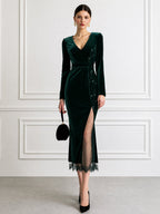 Velvet V-Neck Long Sleeve Midi Dress With Lace Hem Slit