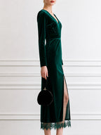Velvet V-Neck Long Sleeve Midi Dress With Lace Hem Slit
