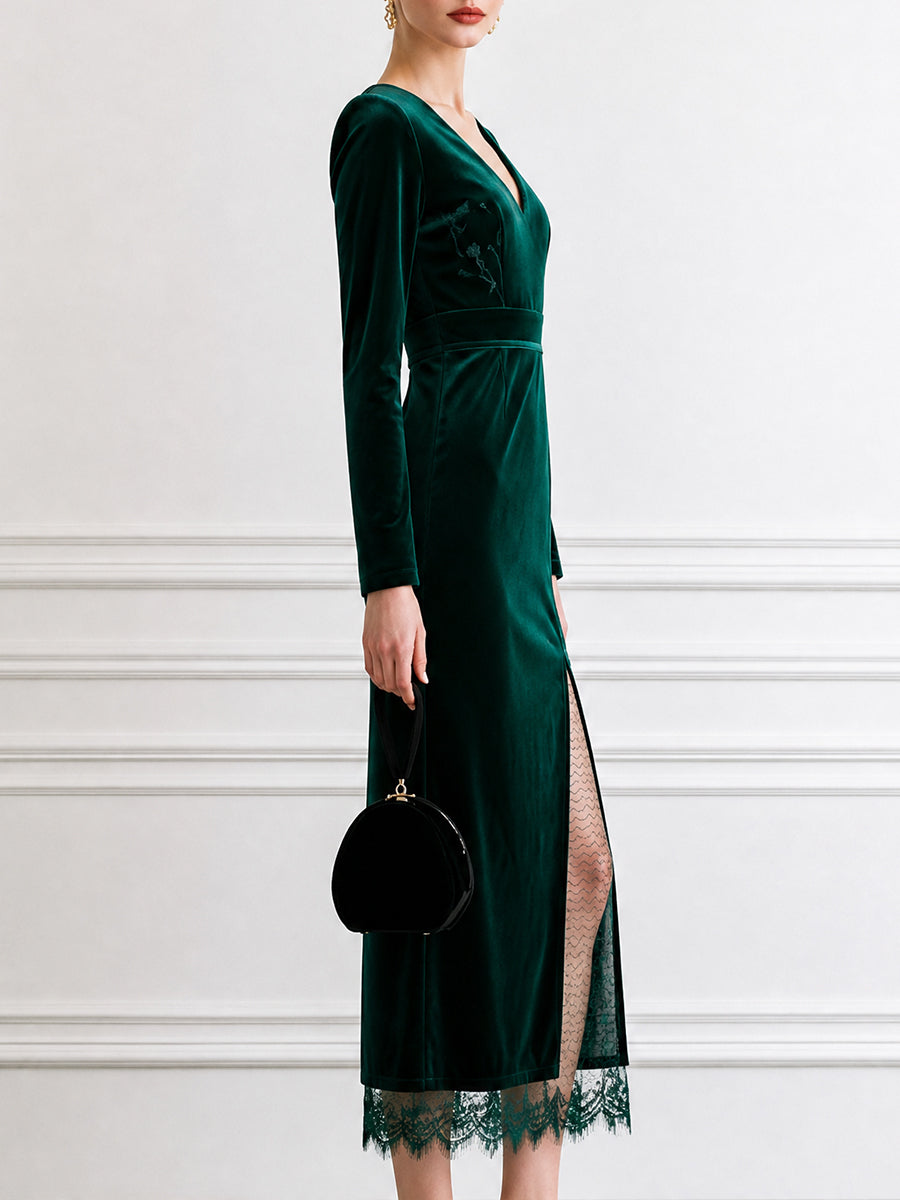 Velvet V-Neck Long Sleeve Midi Dress With Lace Hem Slit