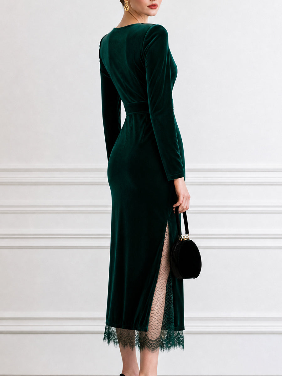 Velvet V-Neck Long Sleeve Midi Dress With Lace Hem Slit