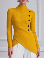 Mustard Ribbed Knit Mock Neck Asymmetric Button Blouse