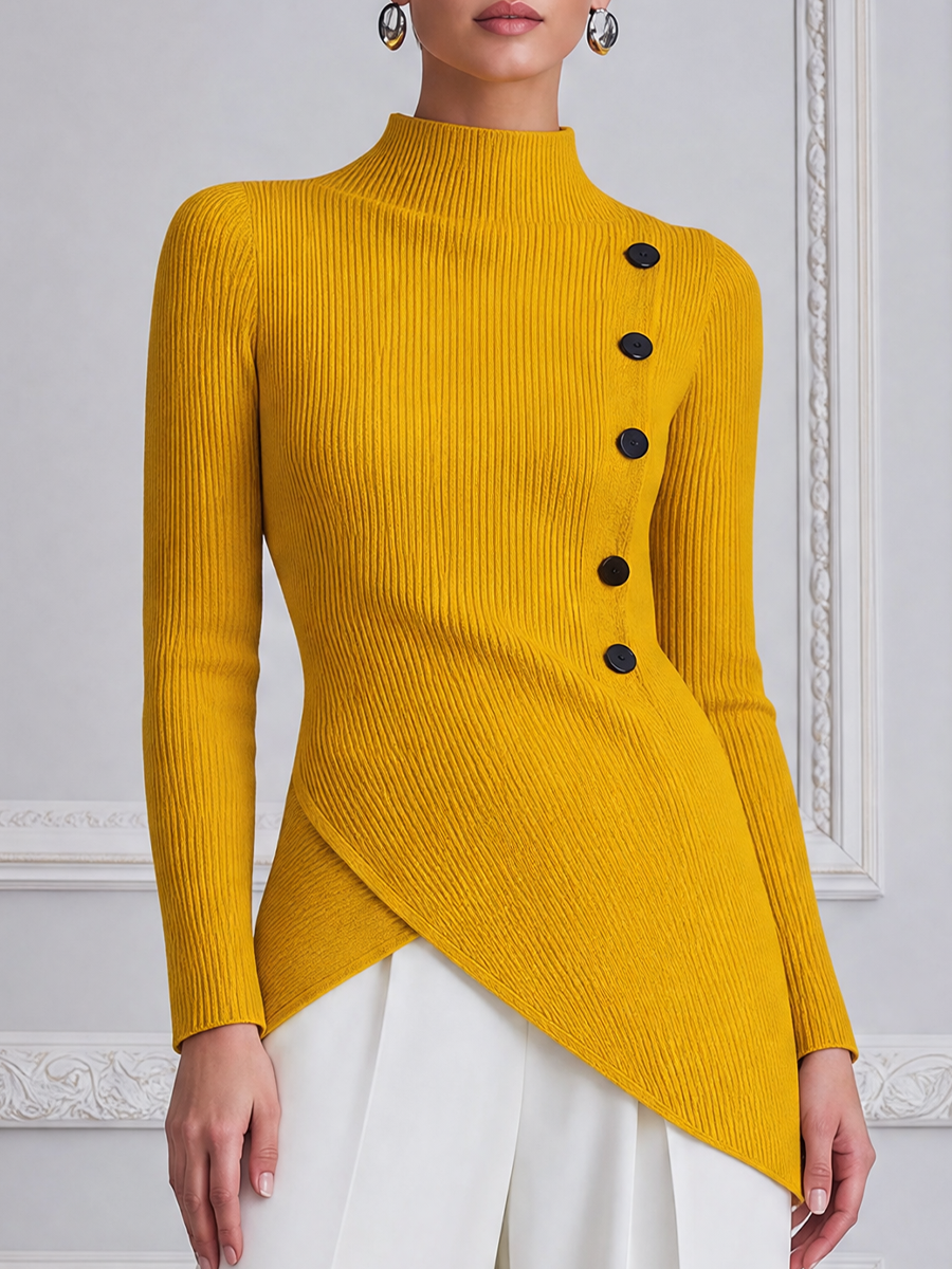 Mustard Ribbed Knit Mock Neck Asymmetric Button Blouse