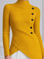 Mustard Ribbed Knit Mock Neck Asymmetric Button Blouse