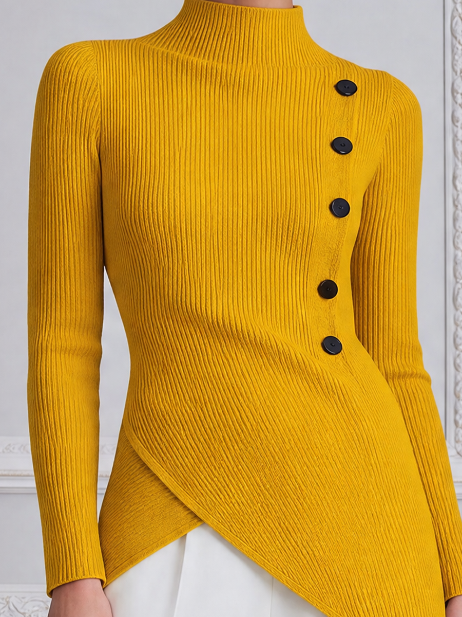 Mustard Ribbed Knit Mock Neck Asymmetric Button Blouse