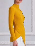 Mustard Ribbed Knit Mock Neck Asymmetric Button Blouse