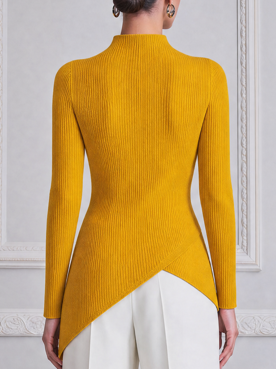 Mustard Ribbed Knit Mock Neck Asymmetric Button Blouse