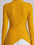 Mustard Ribbed Knit Mock Neck Asymmetric Button Blouse