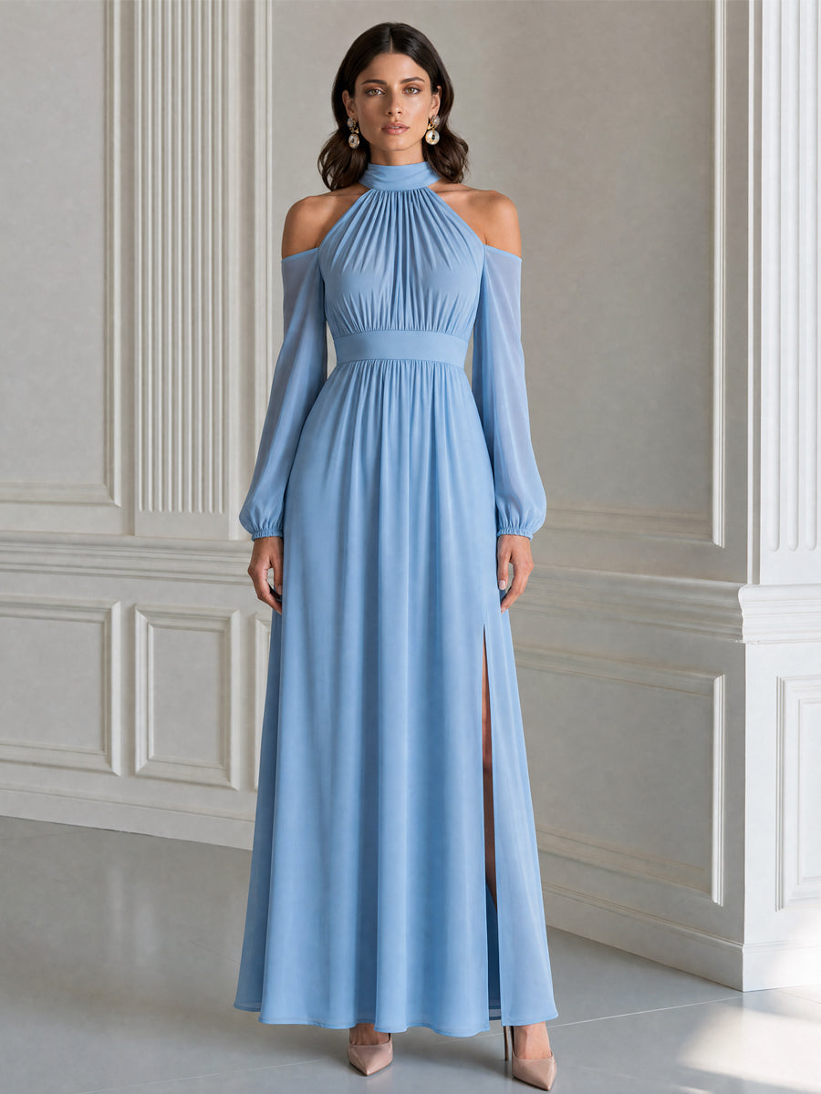 Cold Shoulder Halter Neck Slit Maxi Evening Dress