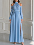 Cold Shoulder Halter Neck Slit Maxi Evening Dress
