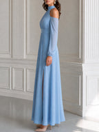 Cold Shoulder Halter Neck Slit Maxi Evening Dress
