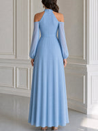Cold Shoulder Halter Neck Slit Maxi Evening Dress