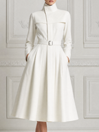 White Dress Stand Collar Belted A-Line Trench Coat