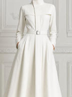 White Dress Stand Collar Belted A-Line Trench Coat