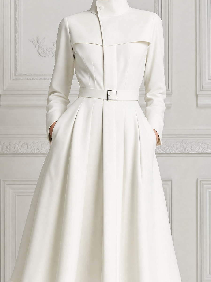 White Dress Stand Collar Belted A-Line Trench Coat