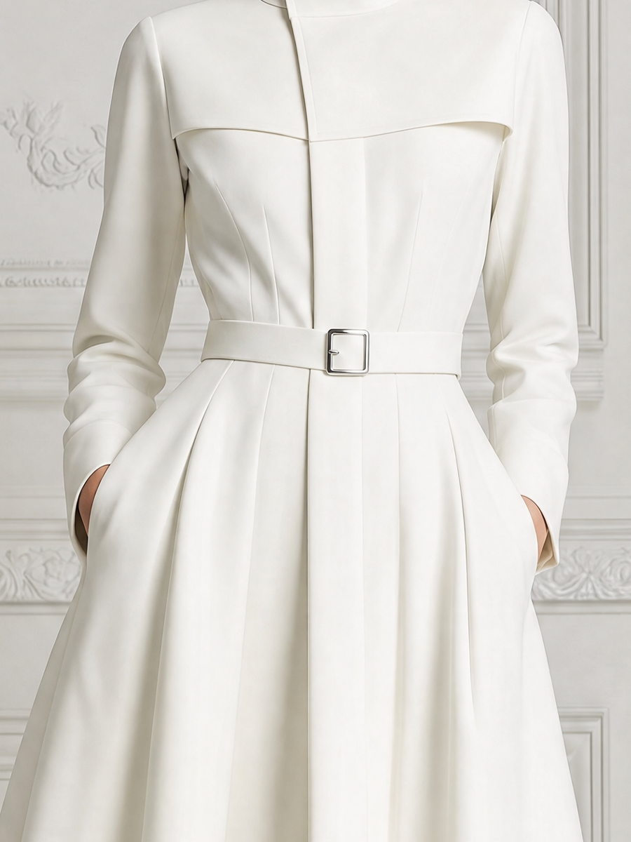 White Dress Stand Collar Belted A-Line Trench Coat