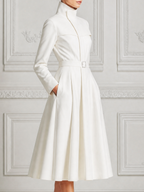 White Dress Stand Collar Belted A-Line Trench Coat