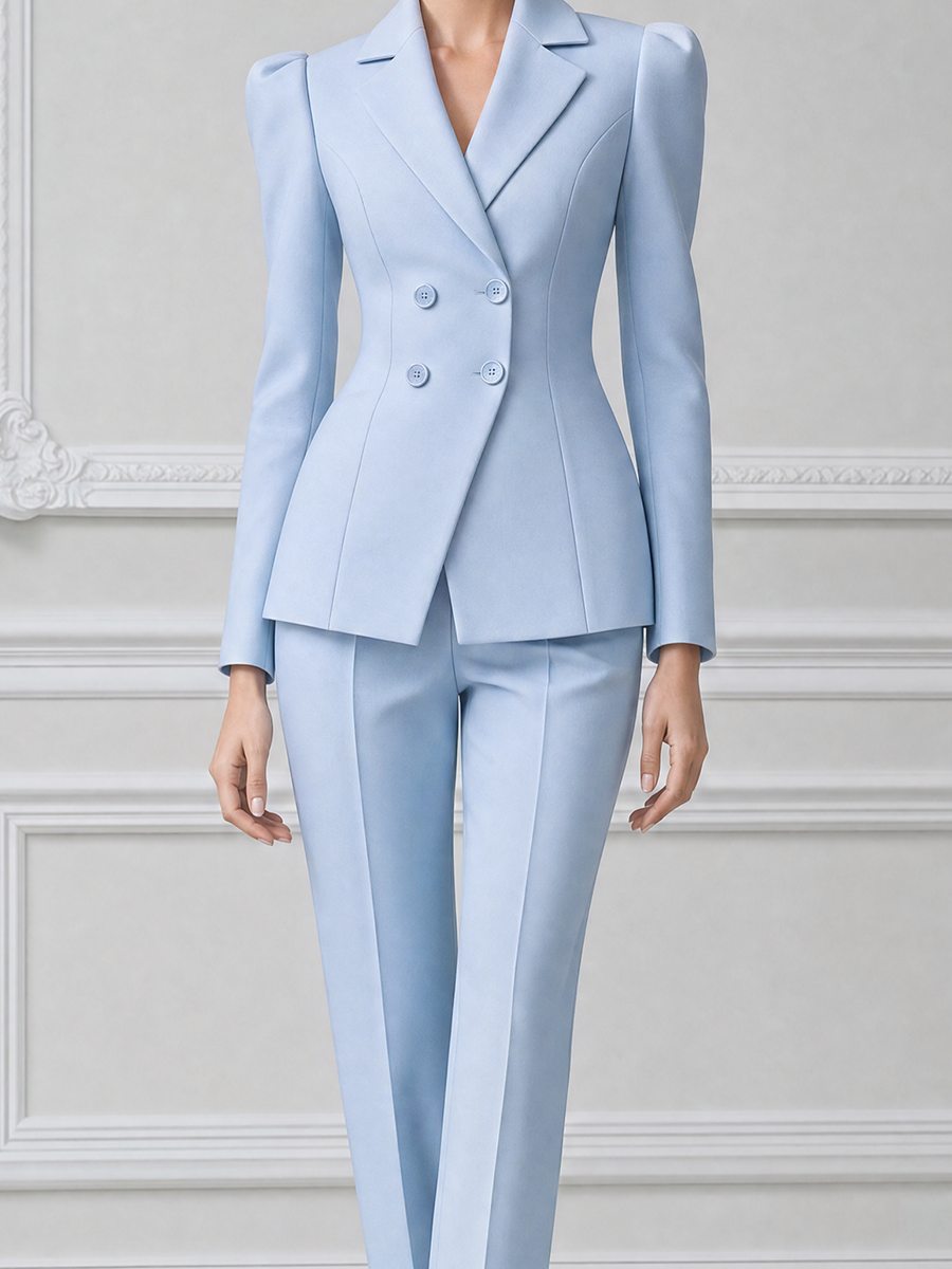Light Blue Fall Fashion Double Breasted Blazer & Straight Leg Pants Suit Set