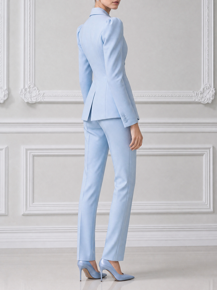 Light Blue Fall Fashion Double Breasted Blazer & Straight Leg Pants Suit Set