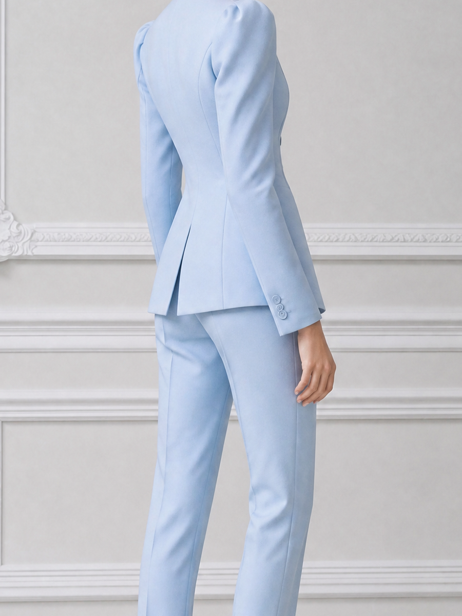 Light Blue Fall Fashion Double Breasted Blazer & Straight Leg Pants Suit Set