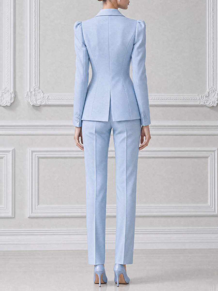 Light Blue Fall Fashion Double Breasted Blazer & Straight Leg Pants Suit Set
