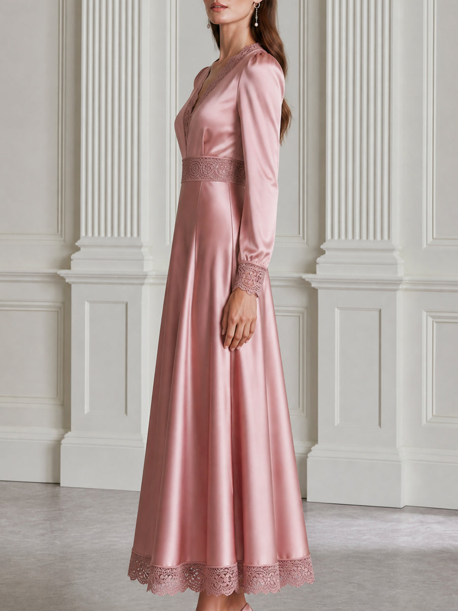 Elegant Satin Lace-Trim V-Neck A-Line Midi Dress