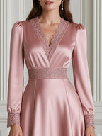 Elegant Satin Lace-Trim V-Neck A-Line Midi Dress