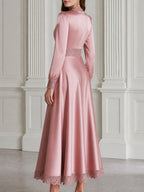 Elegant Satin Lace-Trim V-Neck A-Line Midi Dress
