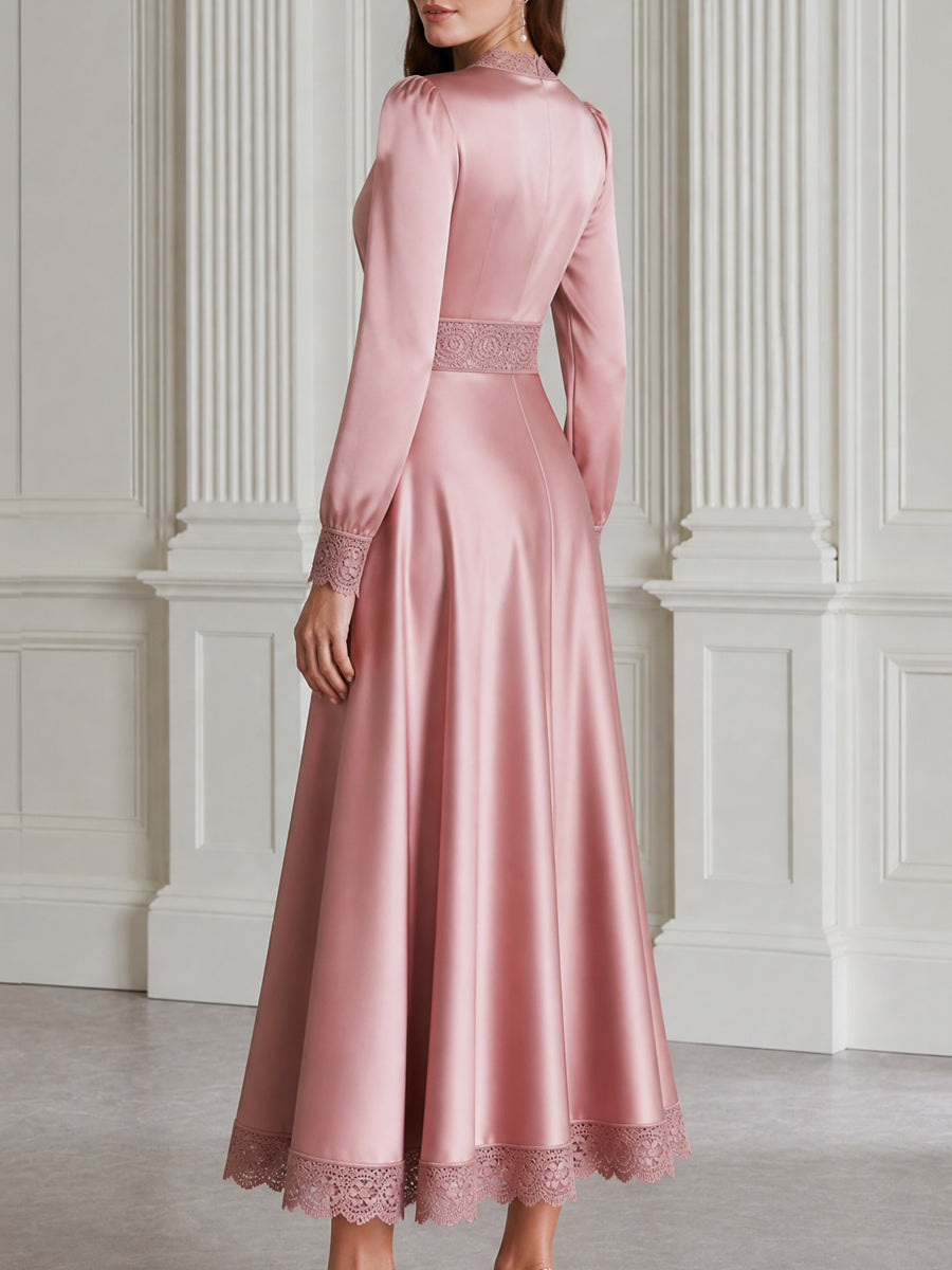 Elegant Satin Lace-Trim V-Neck A-Line Midi Dress