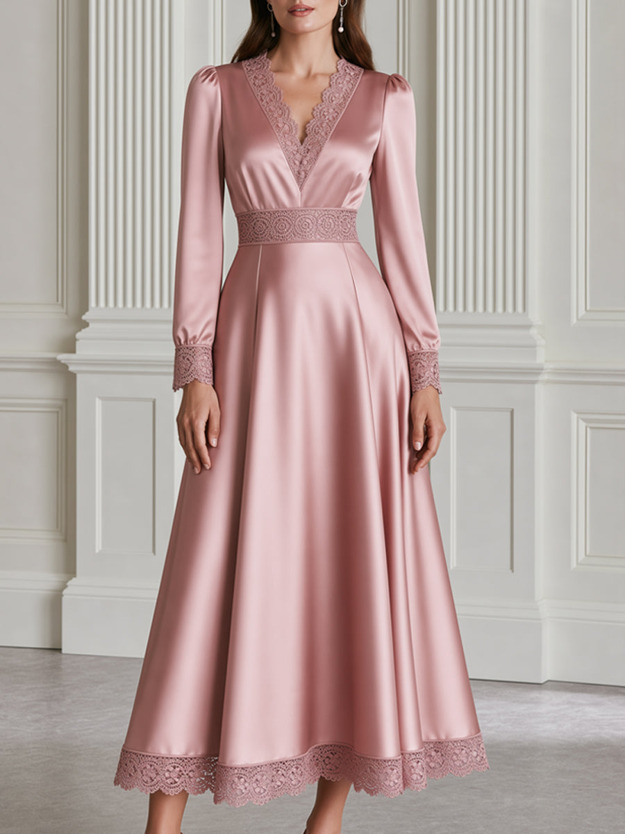 Elegant Satin Lace-Trim V-Neck A-Line Midi Dress