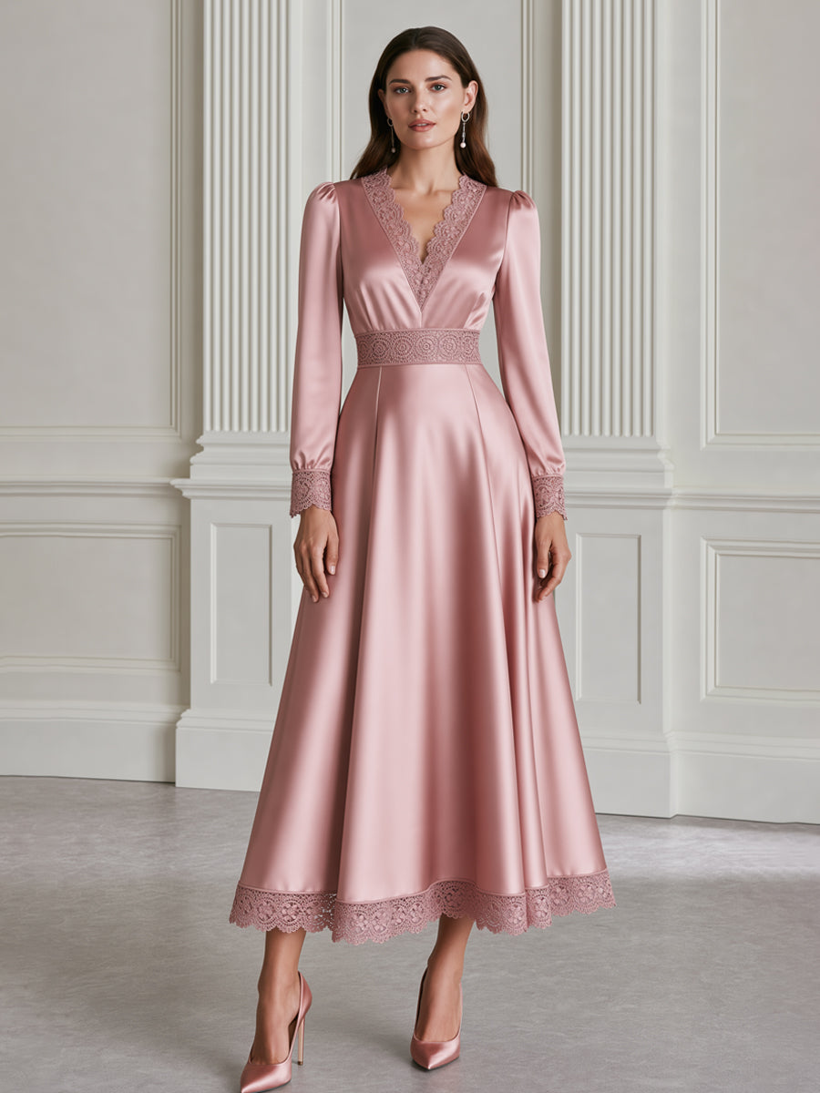 Elegant Satin Lace-Trim V-Neck A-Line Midi Dress