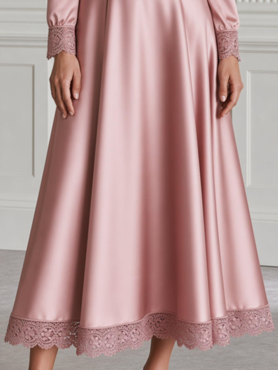Elegant Satin Lace-Trim V-Neck A-Line Midi Dress