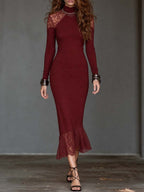 Boho Wine Red Contrast Lace Turtleneck Long Sleeve Bodycon Midi Dress