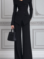 Black Fall Fashion Off Shoulder Blazer & Wide Leg Pants Suit Set