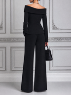 Black Fall Fashion Off Shoulder Blazer & Wide Leg Pants Suit Set