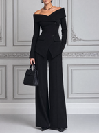 Black Fall Fashion Off Shoulder Blazer & Wide Leg Pants Suit Set