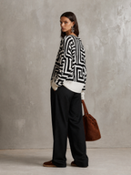 Oversized Geometric Jacquard V-Neck Sweater