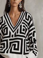 Oversized Geometric Jacquard V-Neck Sweater