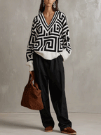 Oversized Geometric Jacquard V-Neck Sweater