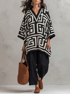 Artisan Cotton Blend Oversized-Fit Monochrome Pattern Poncho Blouse And Pant Set