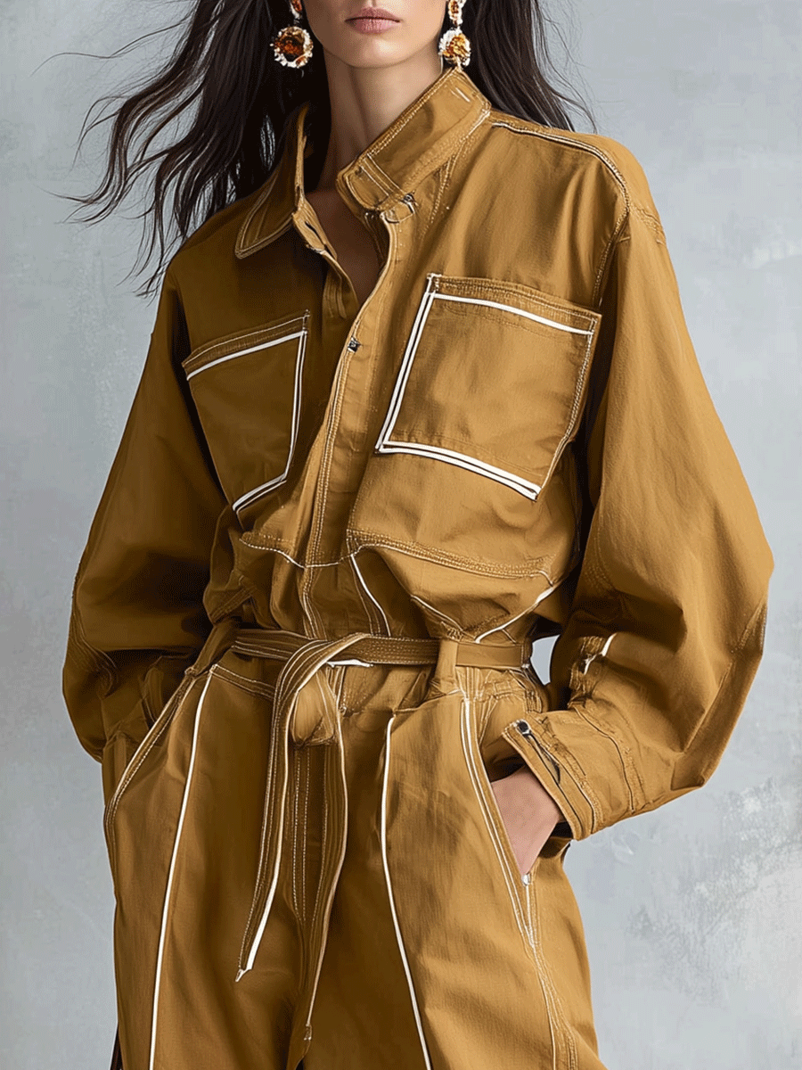Effortless Cotton Canvas Oversized-Fit Caramel Cargo Jumpsuit