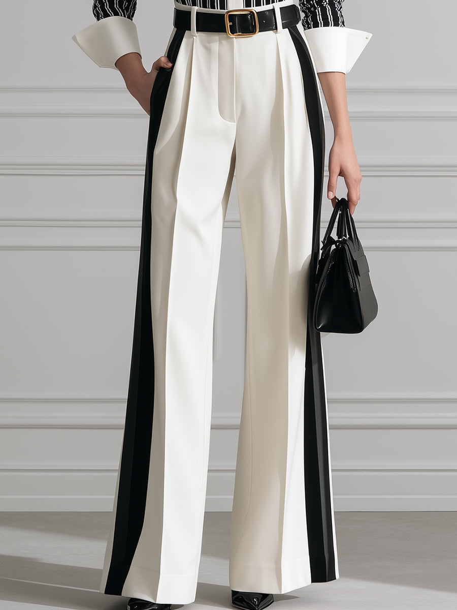 Striped Contrast-Collar Blouse & Wide-Leg Pants Set