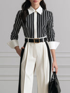 Striped Contrast-Collar Blouse & Wide-Leg Pants Set