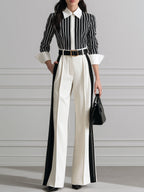 Striped Contrast-Collar Blouse & Wide-Leg Pants Set