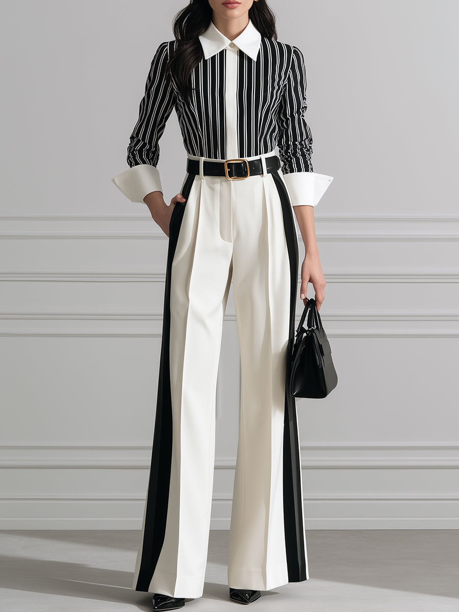Striped Contrast-Collar Blouse & Wide-Leg Pants Set