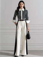 Striped Contrast-Collar Blouse & Wide-Leg Pants Set
