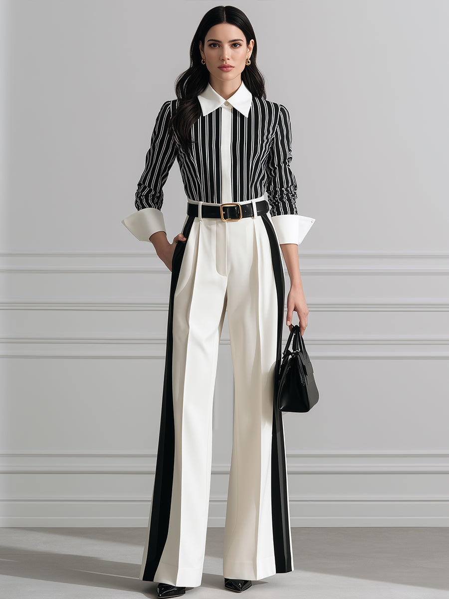 Striped Contrast-Collar Blouse & Wide-Leg Pants Set