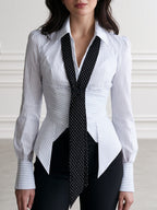 Polka-Dot Tie-Neck Striped Peplum Blouse