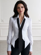 Polka-Dot Tie-Neck Striped Peplum Blouse