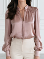 Tie-Neck Satin Bishop-Sleeve Blouse